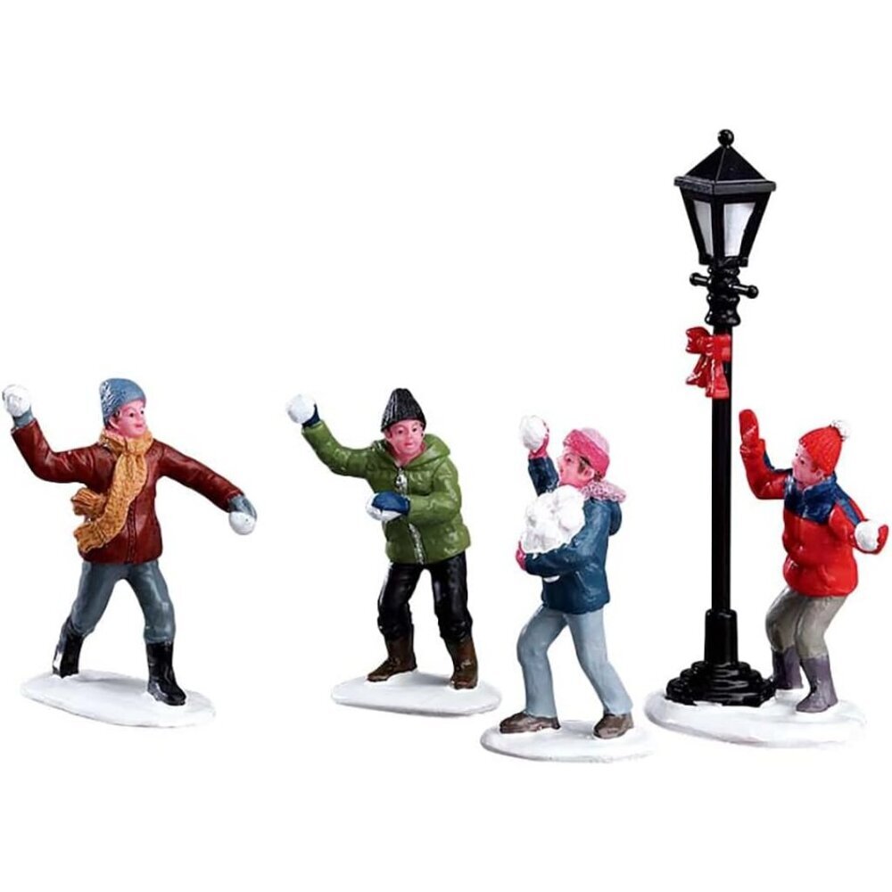 Christmas Village Snowball Fight Set - 4 Resin Pieces for Holiday Cheer